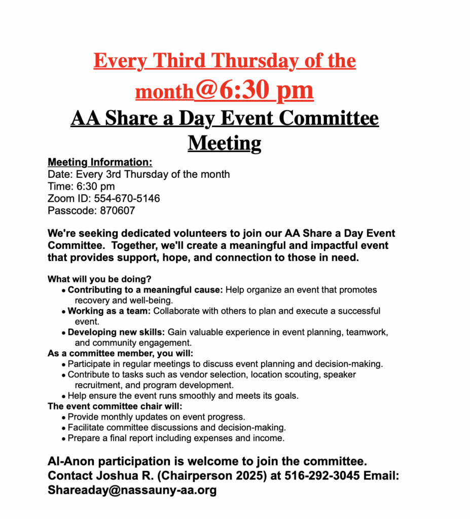 Events For March 2026 Nassau Intergroup Of A A