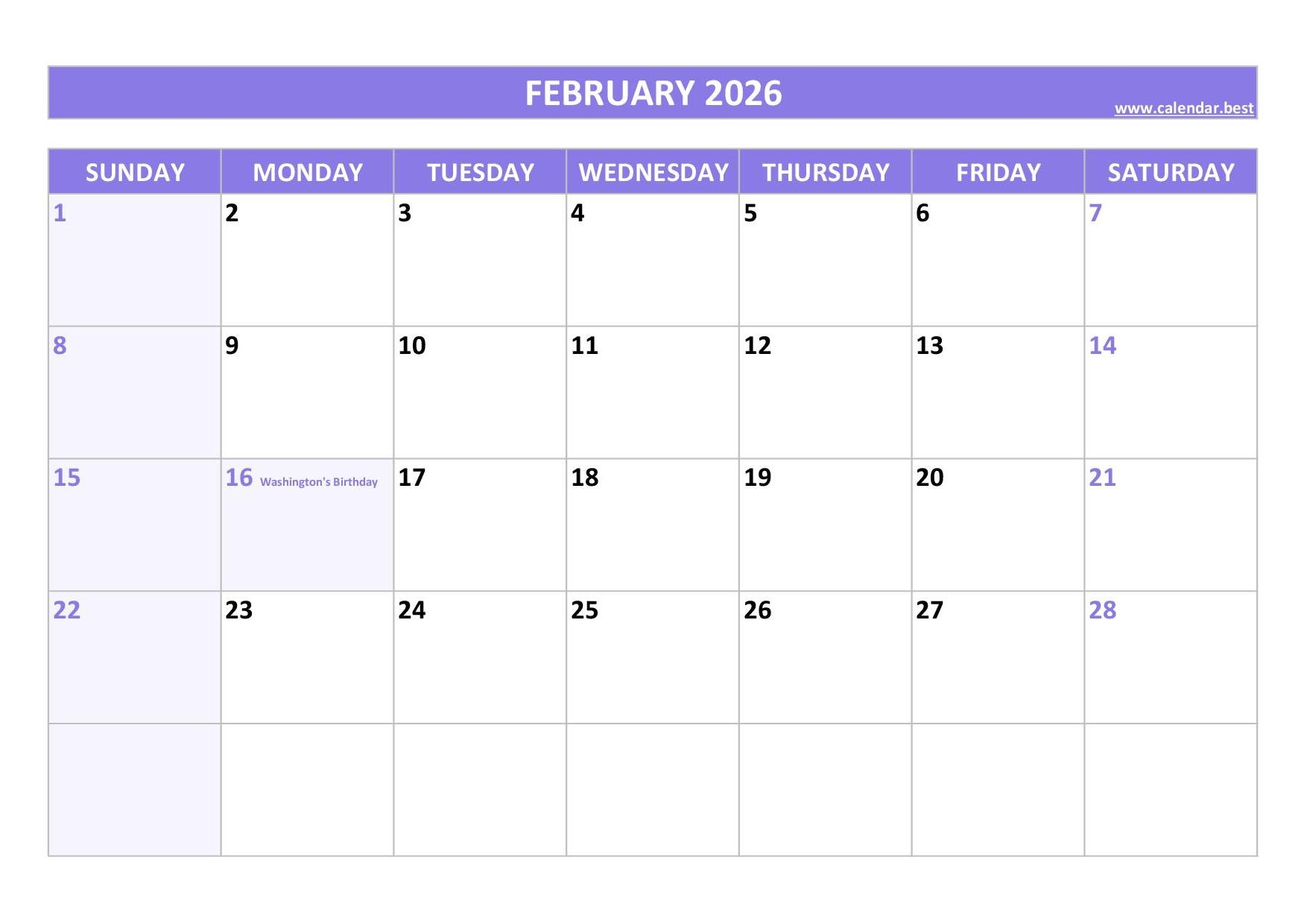 February 2026 Calendar Calendar best