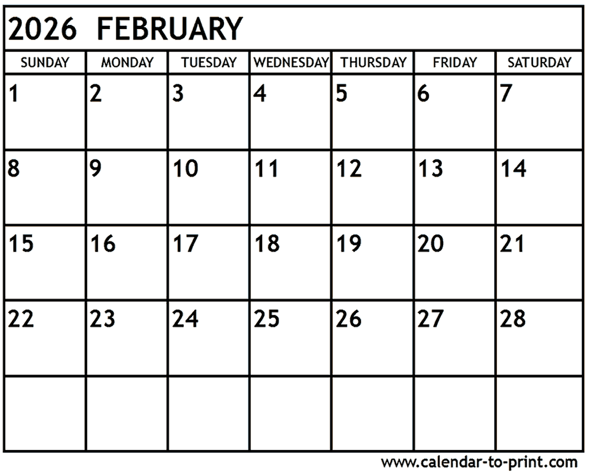 February 2026 Calendar Printable February 2026 Calendar Printable