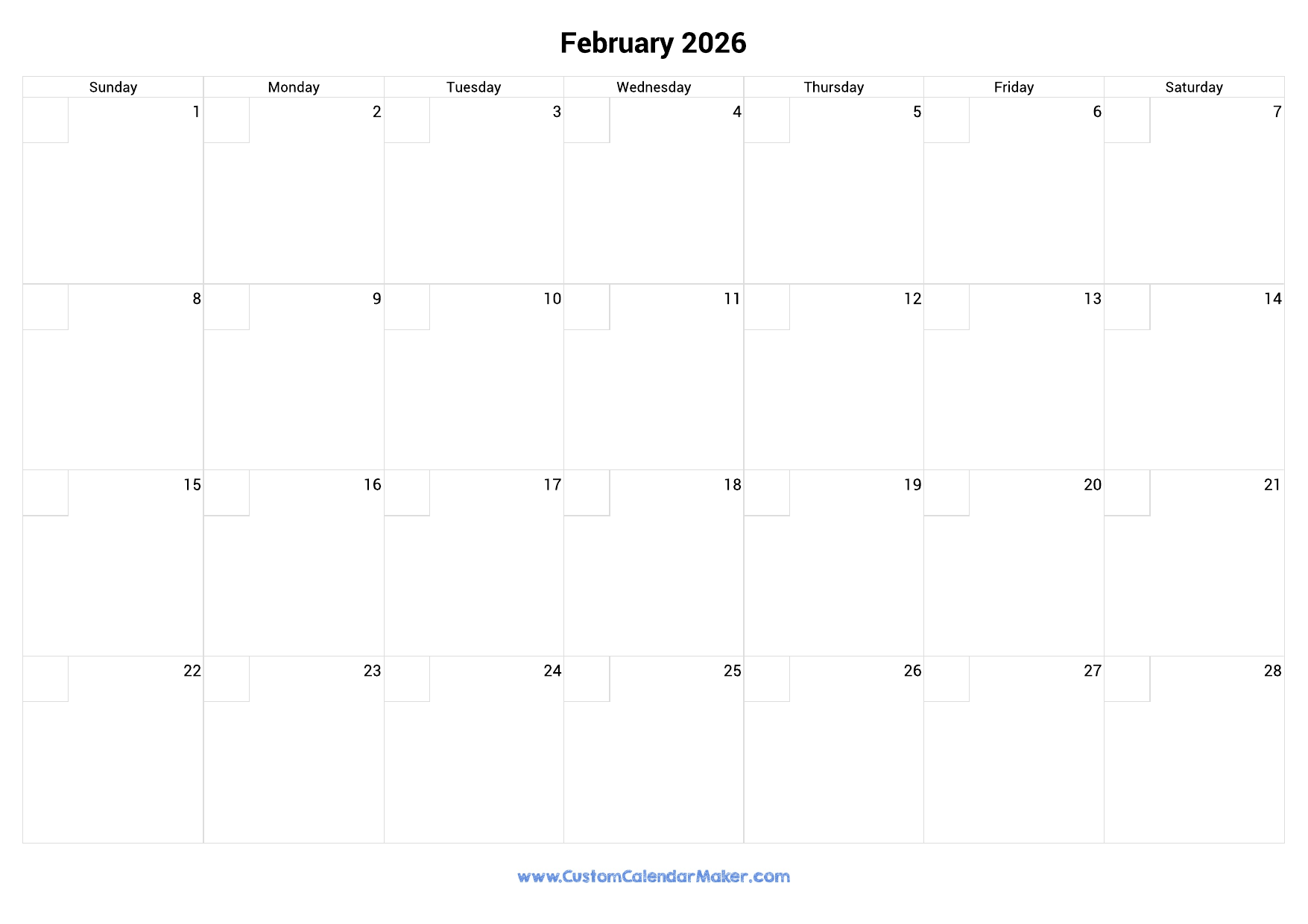 February 2026 Calendar With Checkboxes Custom Calendar Maker