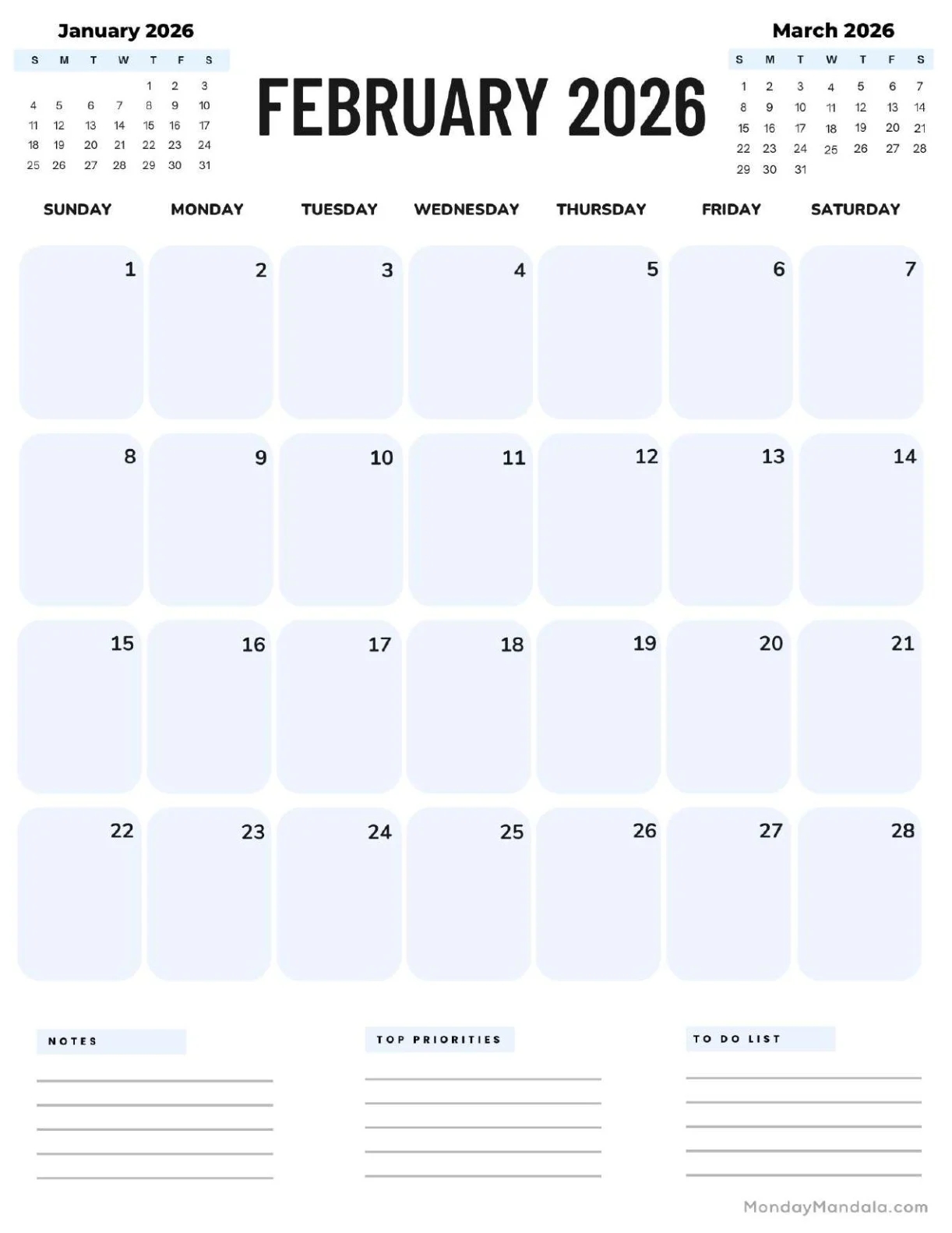 February 2026 Calendar Public Holidays