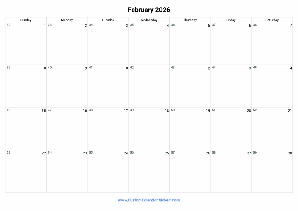 February 2026 Day Number Of The Year Calendar Custom Calendar Maker