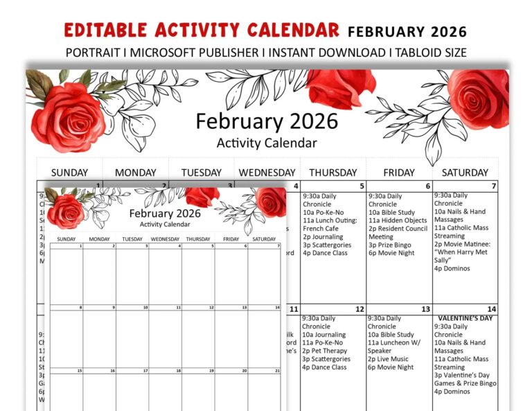 February 2026 Editable Monthly Activities Calendar For Senior Living Tabloid Size 17 X 11 Publisher Format Etsy