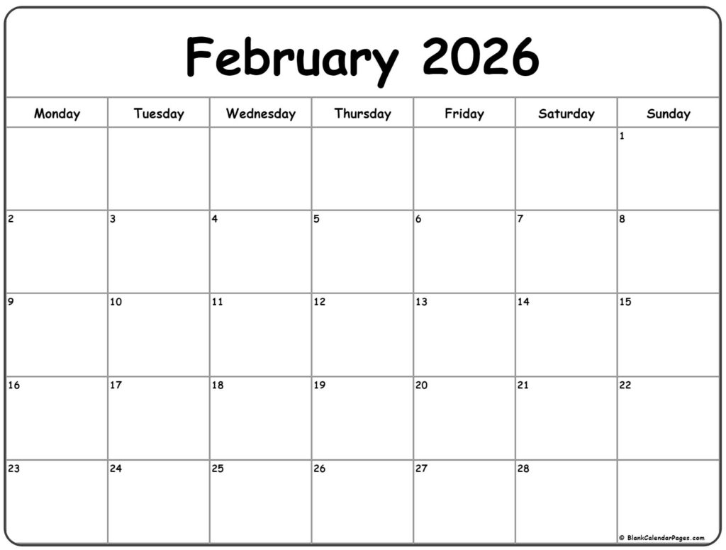 February 2026 Monday Calendar Monday To Sunday