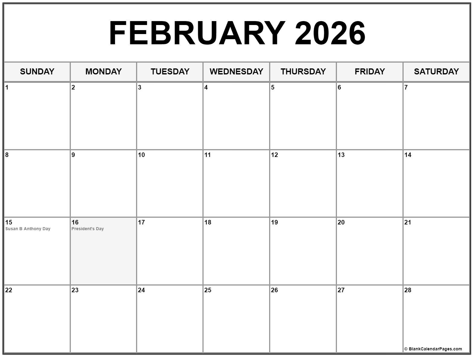 February 2026 With Holidays Calendar