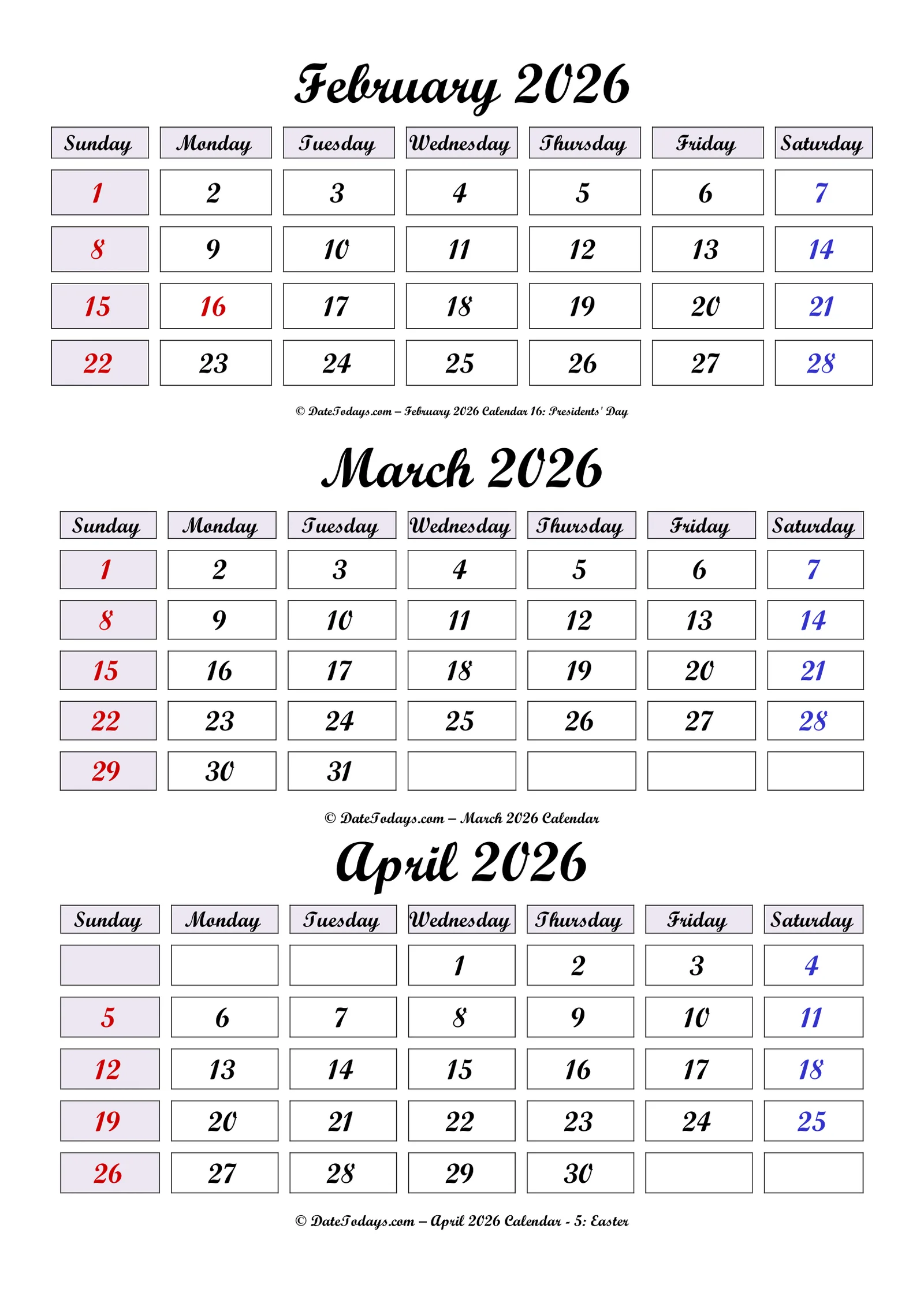 February March April 2026 Calendar Printable February March April 2026 Calendar Printable