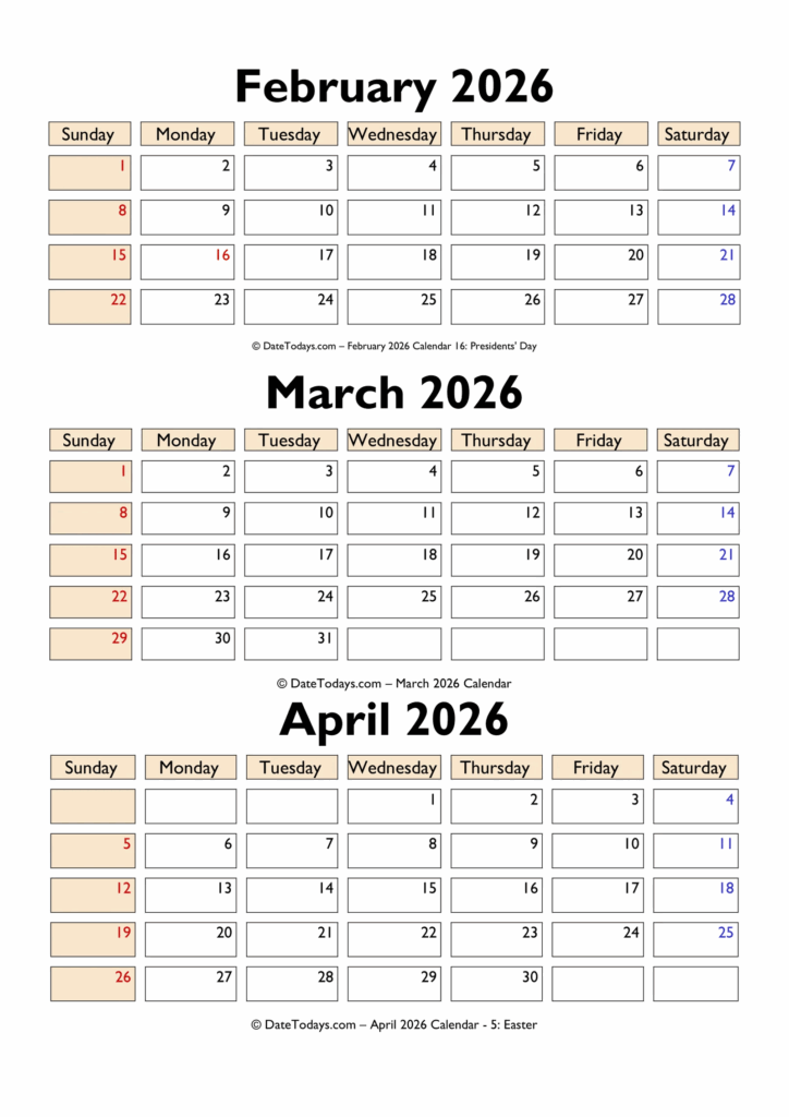 February March April 2026 Calendar Printable