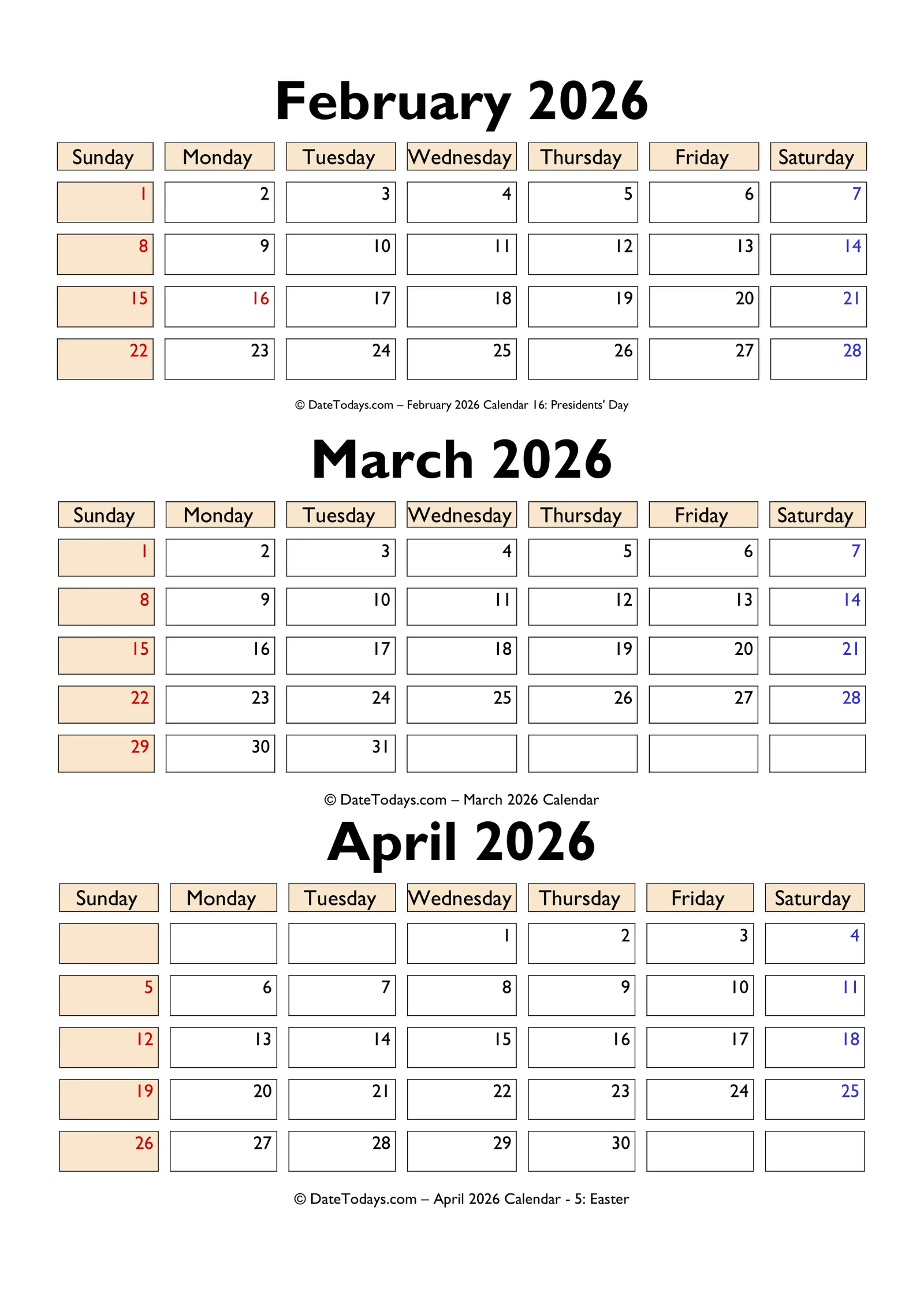 February March April 2026 Calendar Printable February March April 2026 Calendar Printable