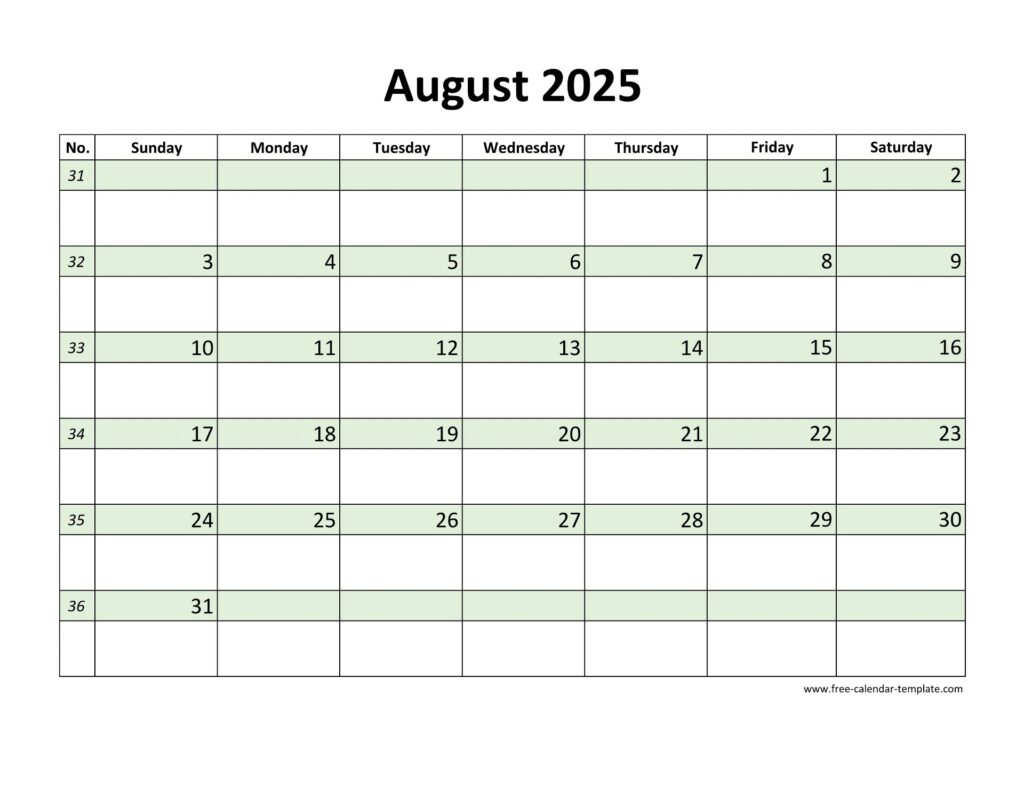 Free August 2025 Calendar Coloring On Each Day horizontal Free calendar template