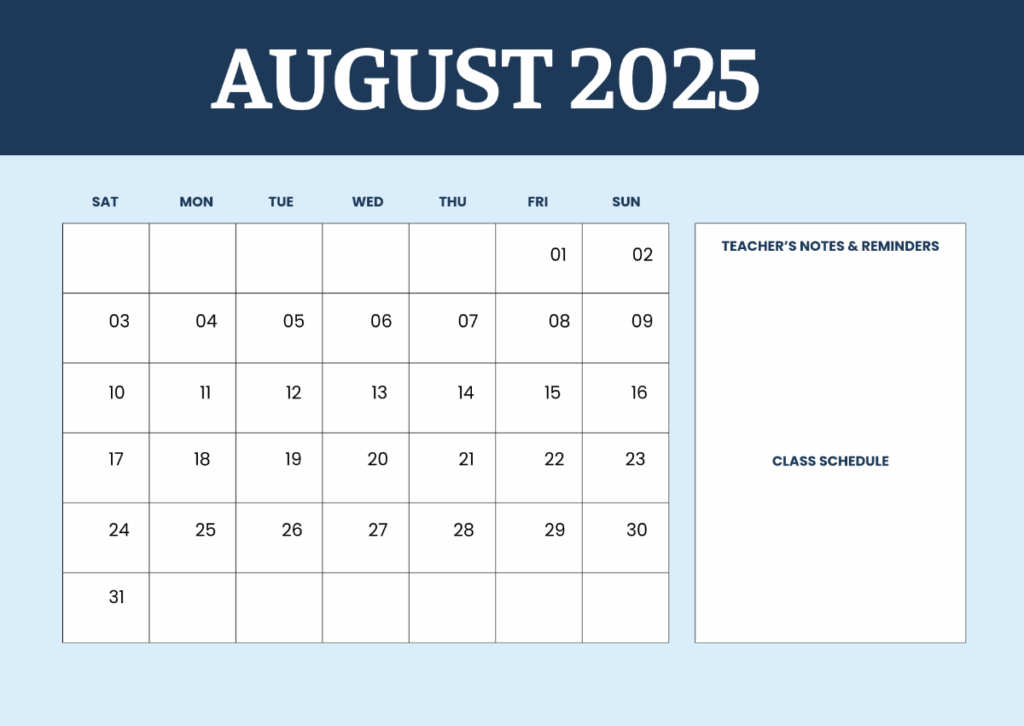 Free August 2025 Calendar For Teacher Template To Edit Online