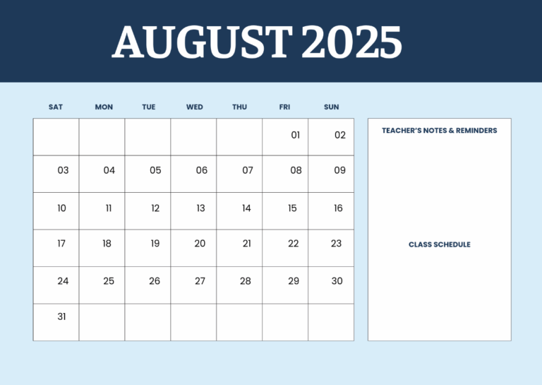 Free August 2025 Calendar For Teacher Template To Edit Online