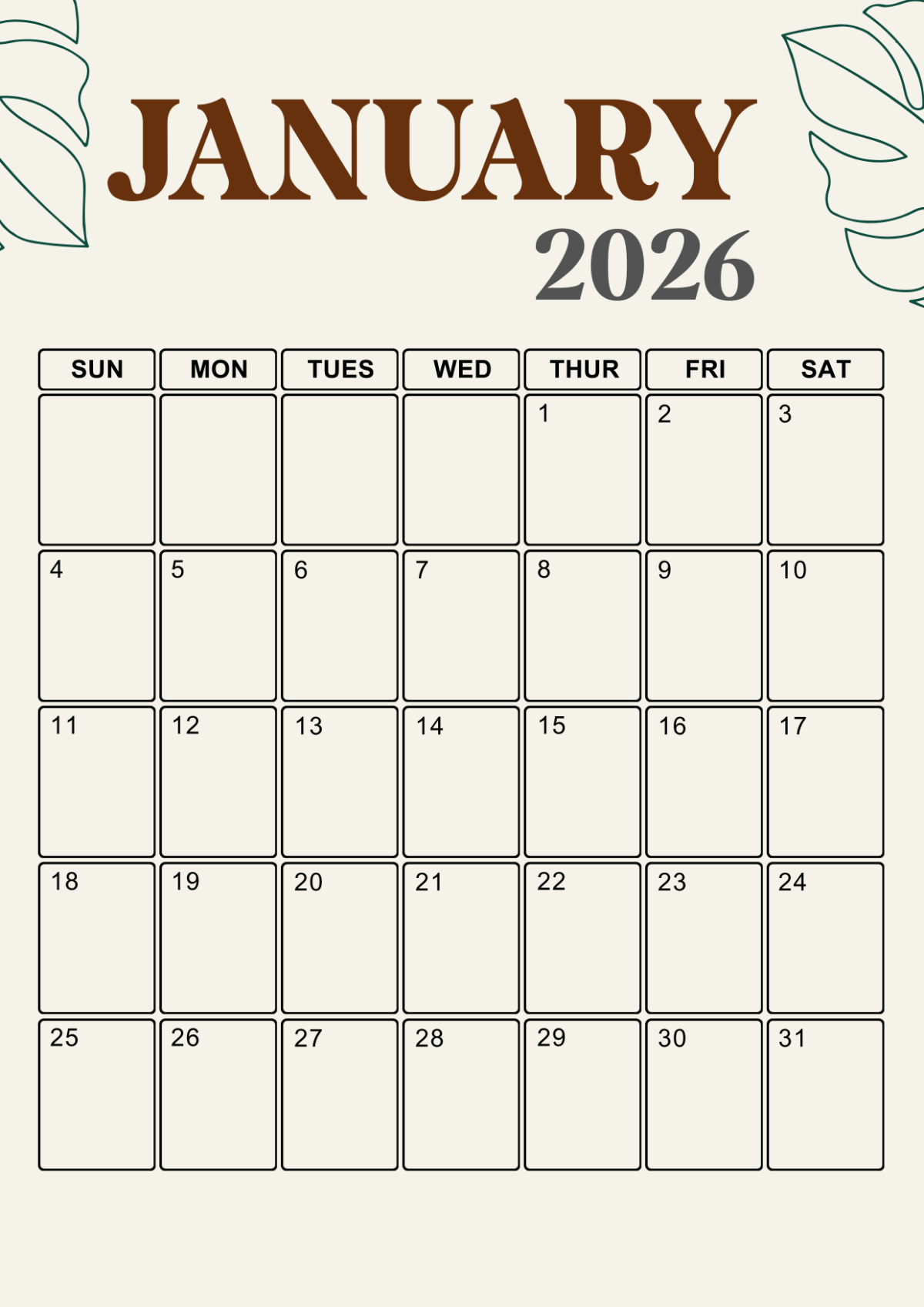 Blank Printable January 2026 Calendar