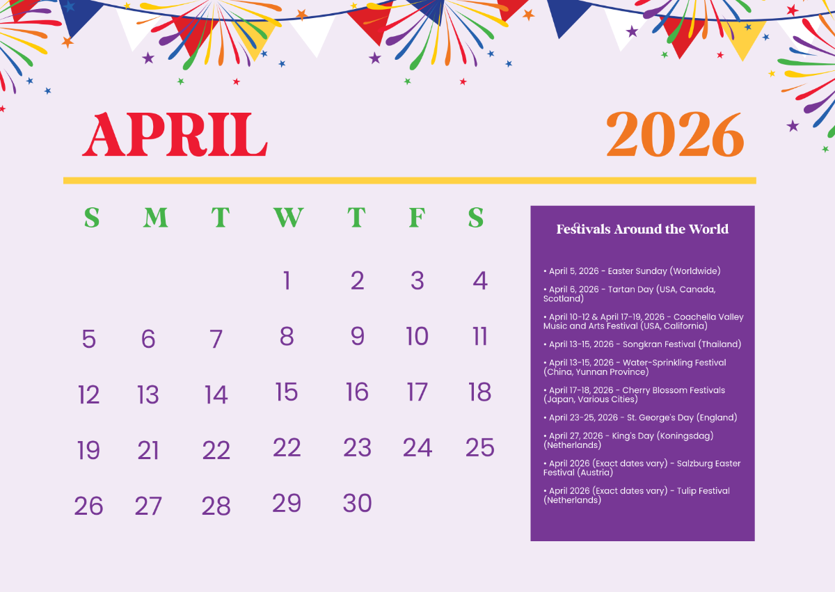 Free Colorful April 2026 Festival Calendar Template To Edit Online