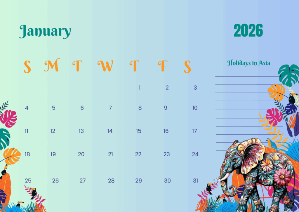 Free Colorful January 2026 Asia Calendar Template To Edit Online