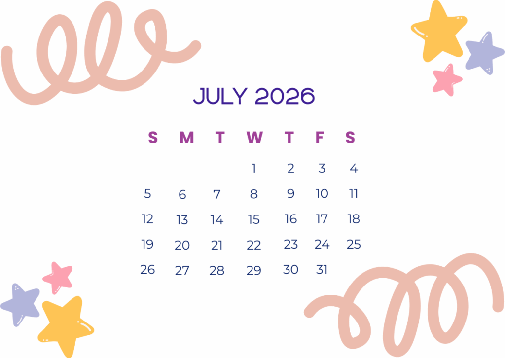 Free Cute July 2026 Calendar Template To Edit Online