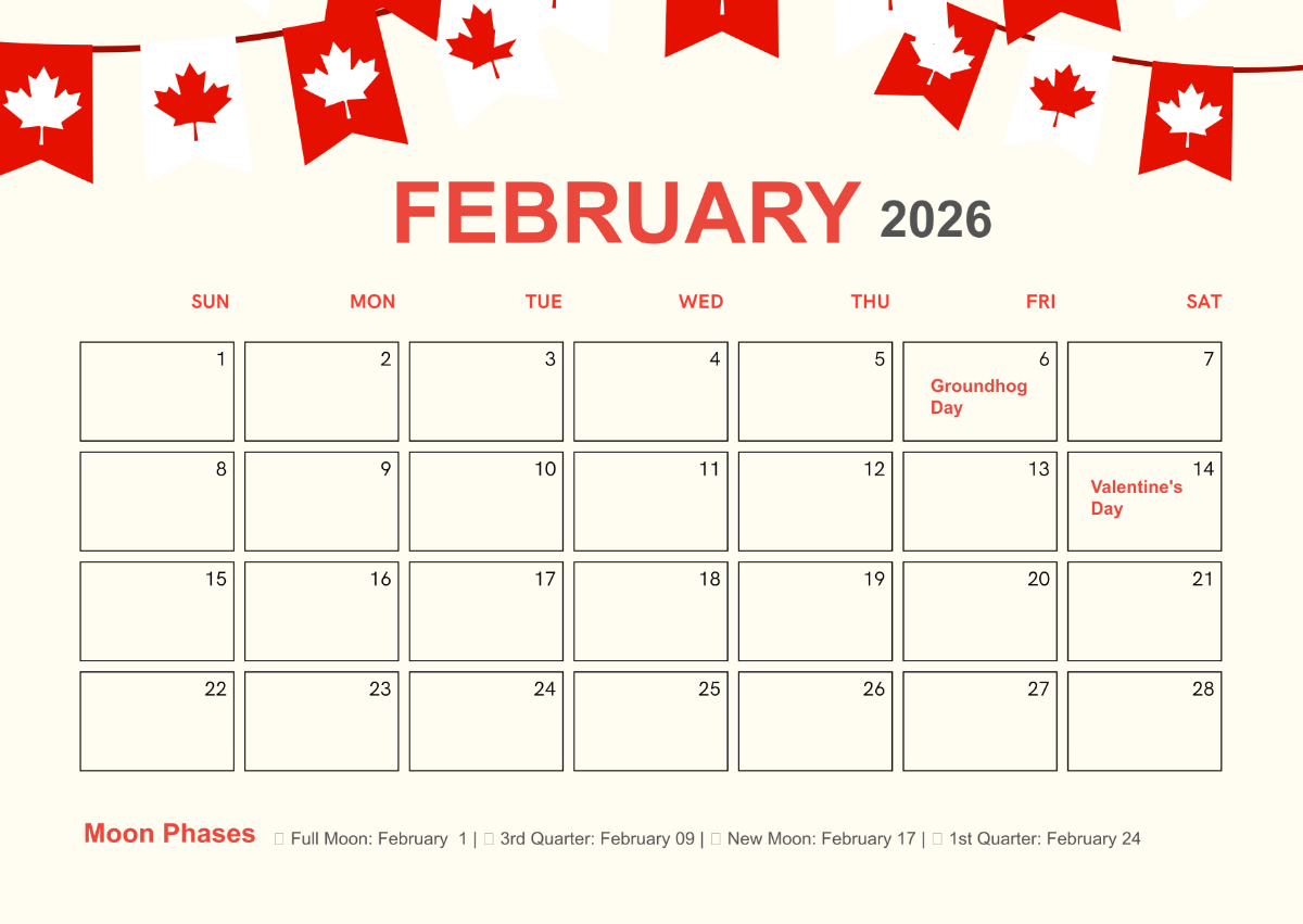 Free February 2025 Calendar With Canada Holidays Template To Edit Online