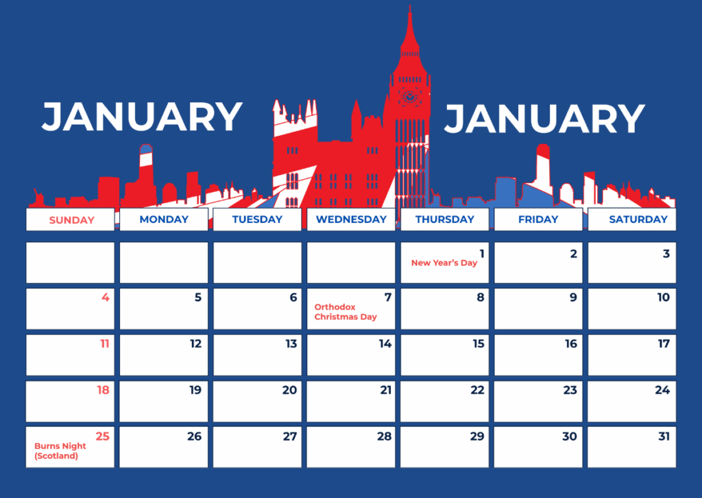 Free January 2026 UK Calendar Template To Edit Online