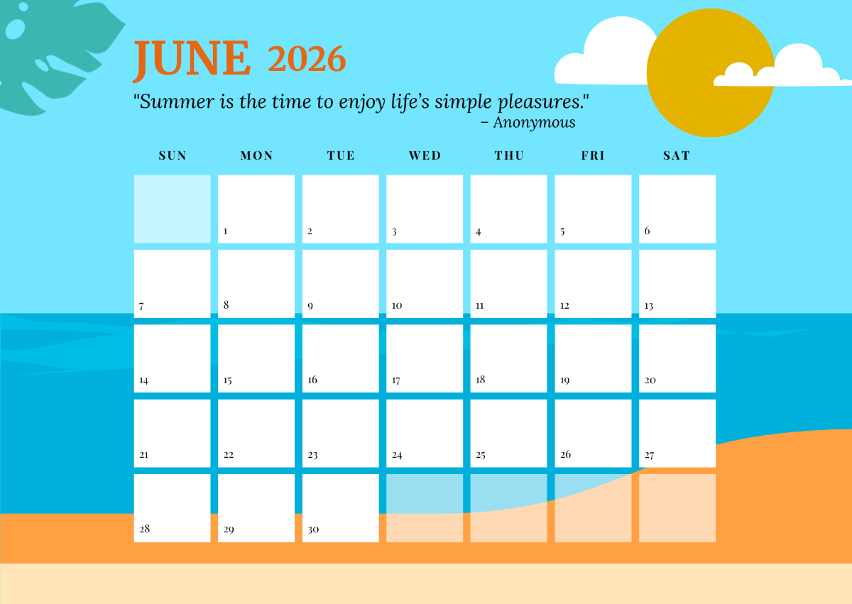 June Calendar 2026 In Excel