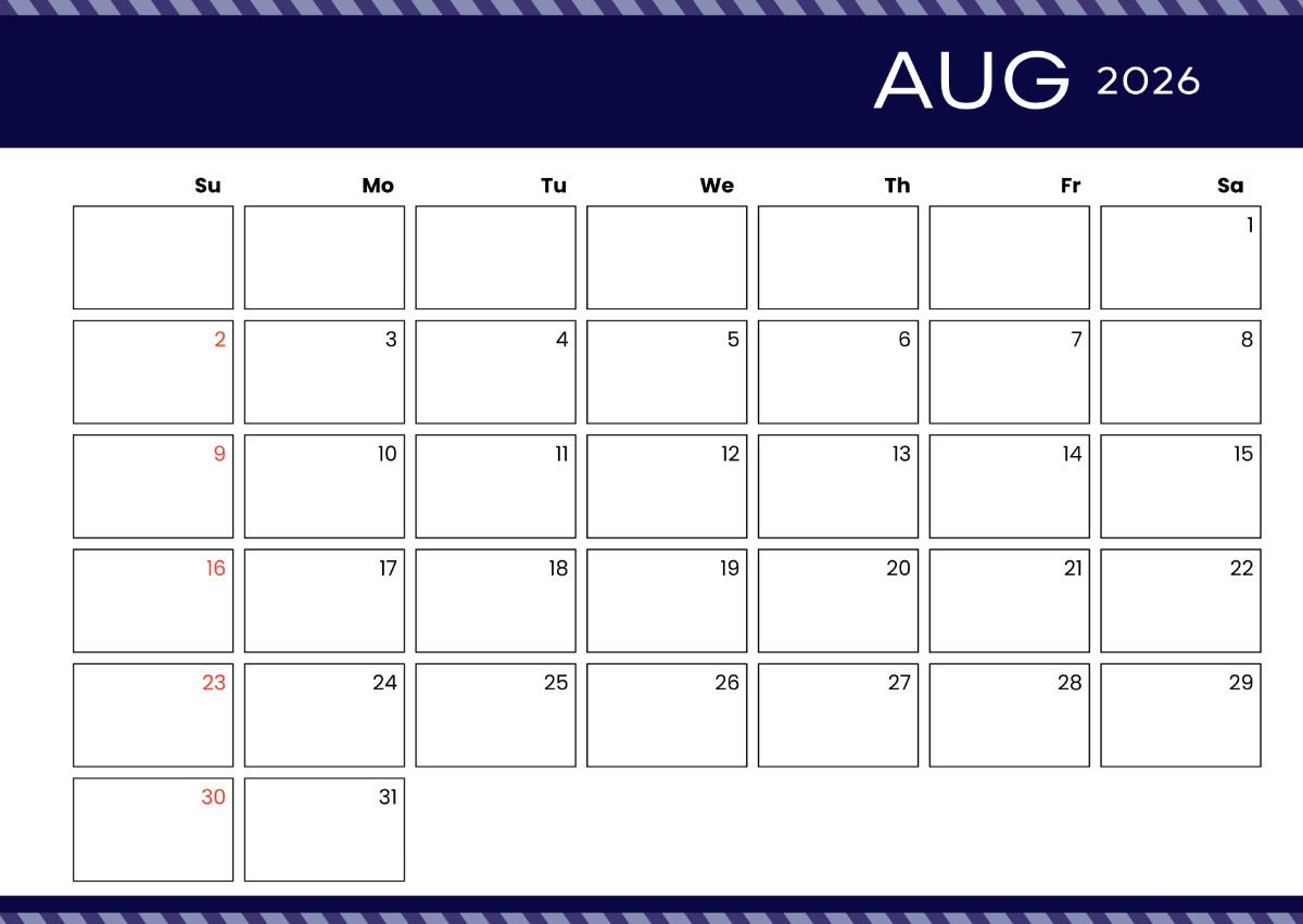 July And August 2026 Calendar Excel