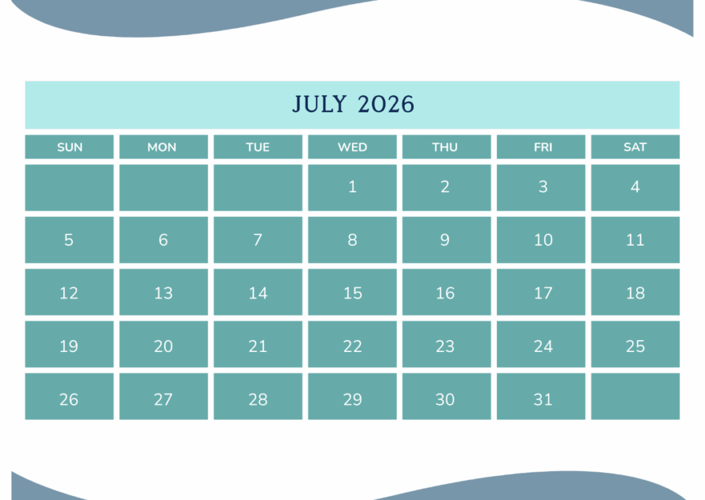 Free Landscape July 2026 Calendar Layout Template To Edit Online