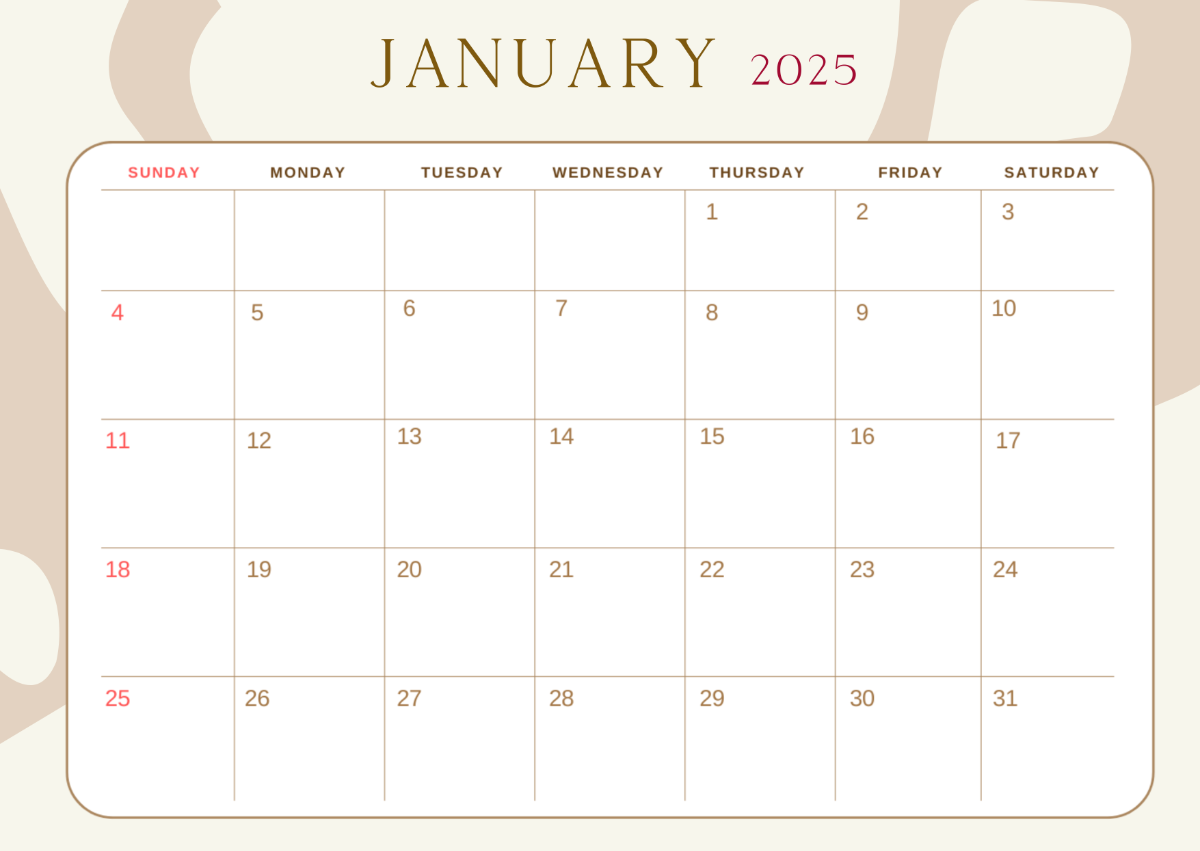 Free Modern January 2026 Unlined Calendar Template To Edit Online