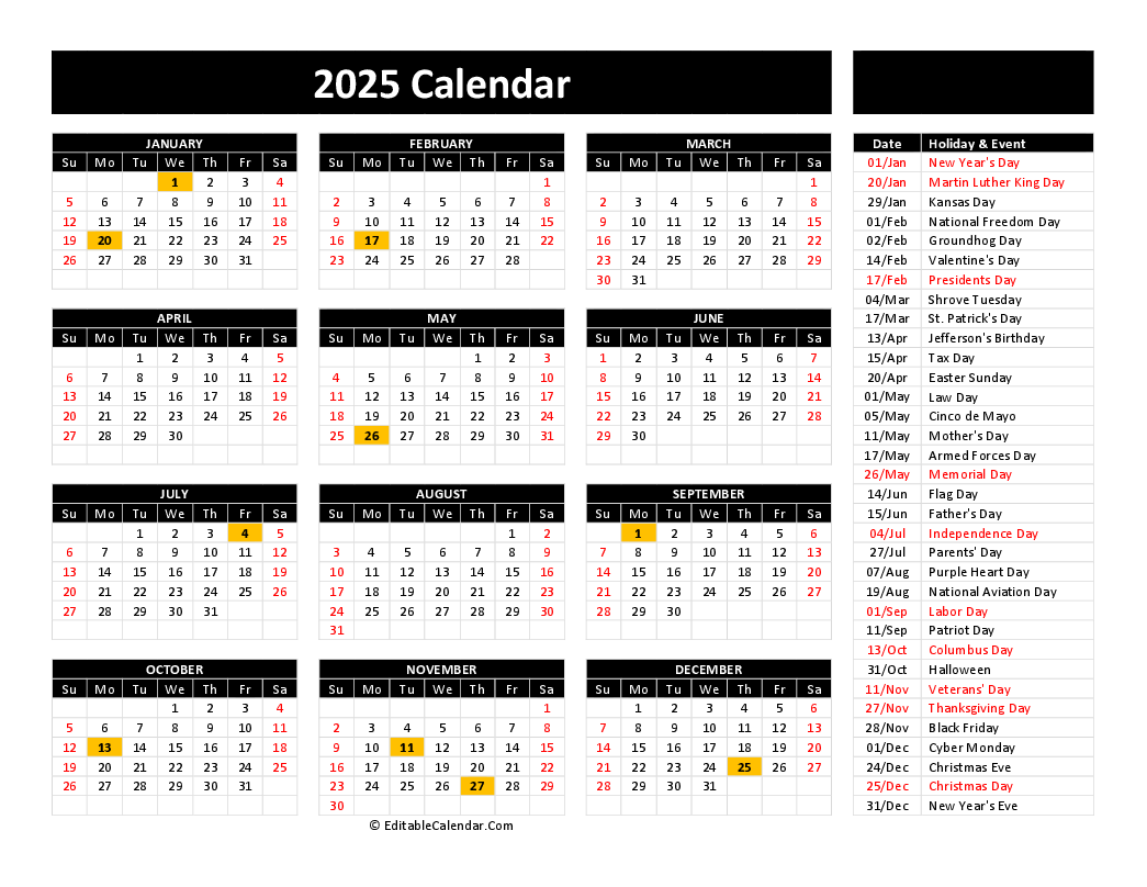 Free Printable Calendar 2025 Word PDF Excel 