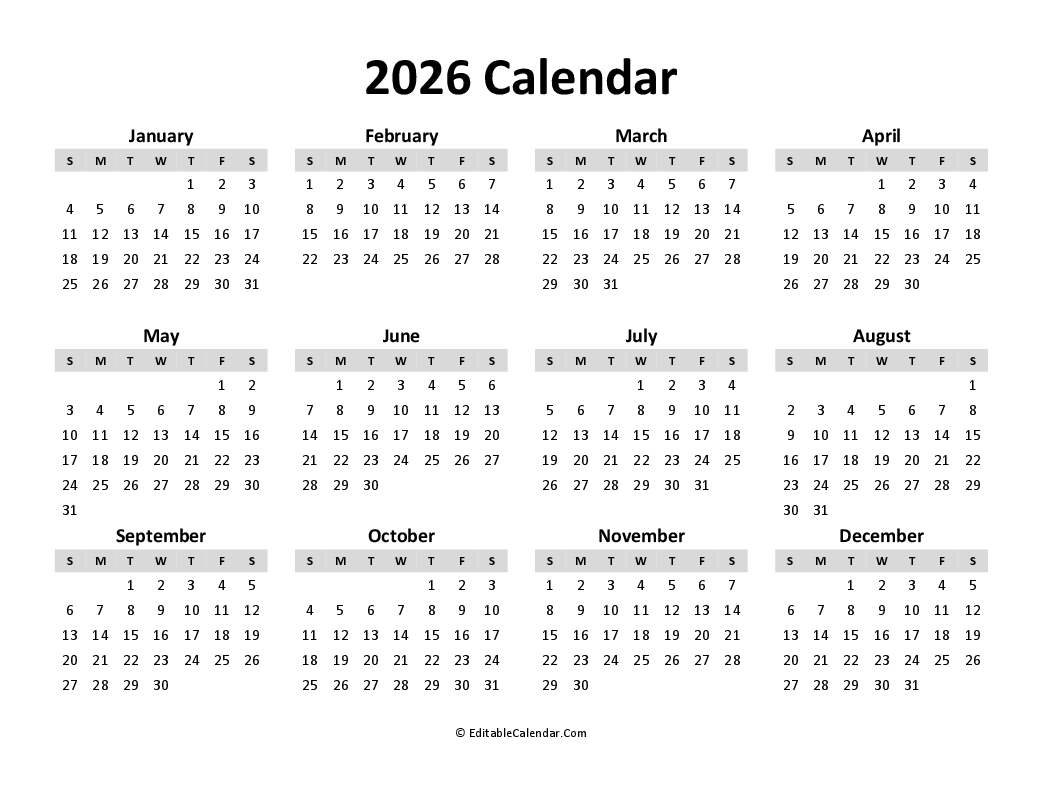 Free Printable Calendar 2026 Word PDF Excel 