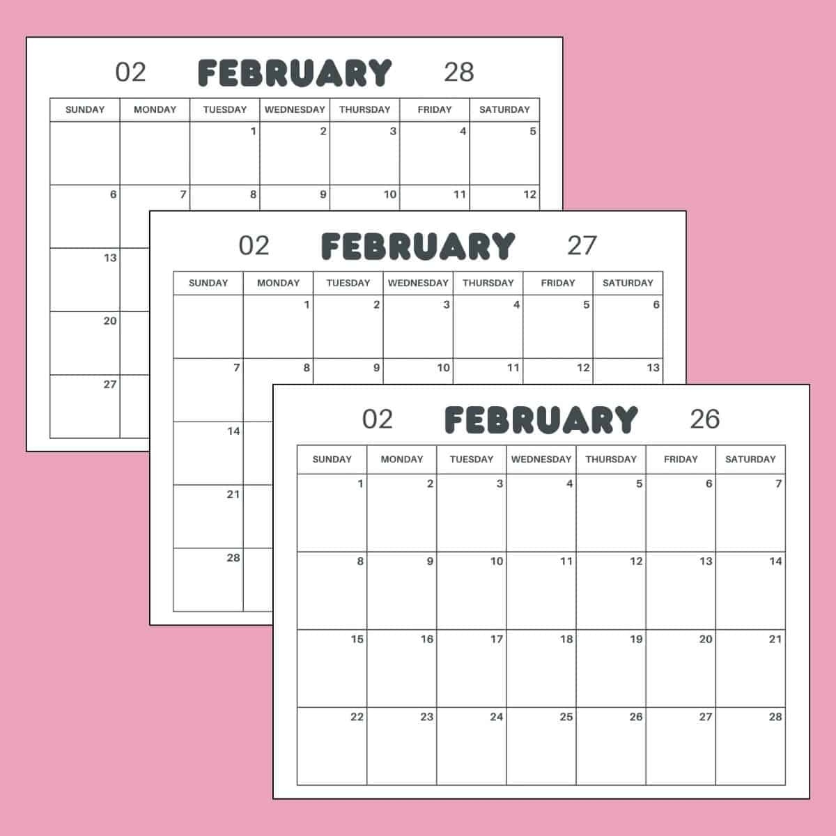Free Printable February Calendar 2026 2027 2028 PDF Template Free Printable February Calendar 2026 2027 2028 PDF Template