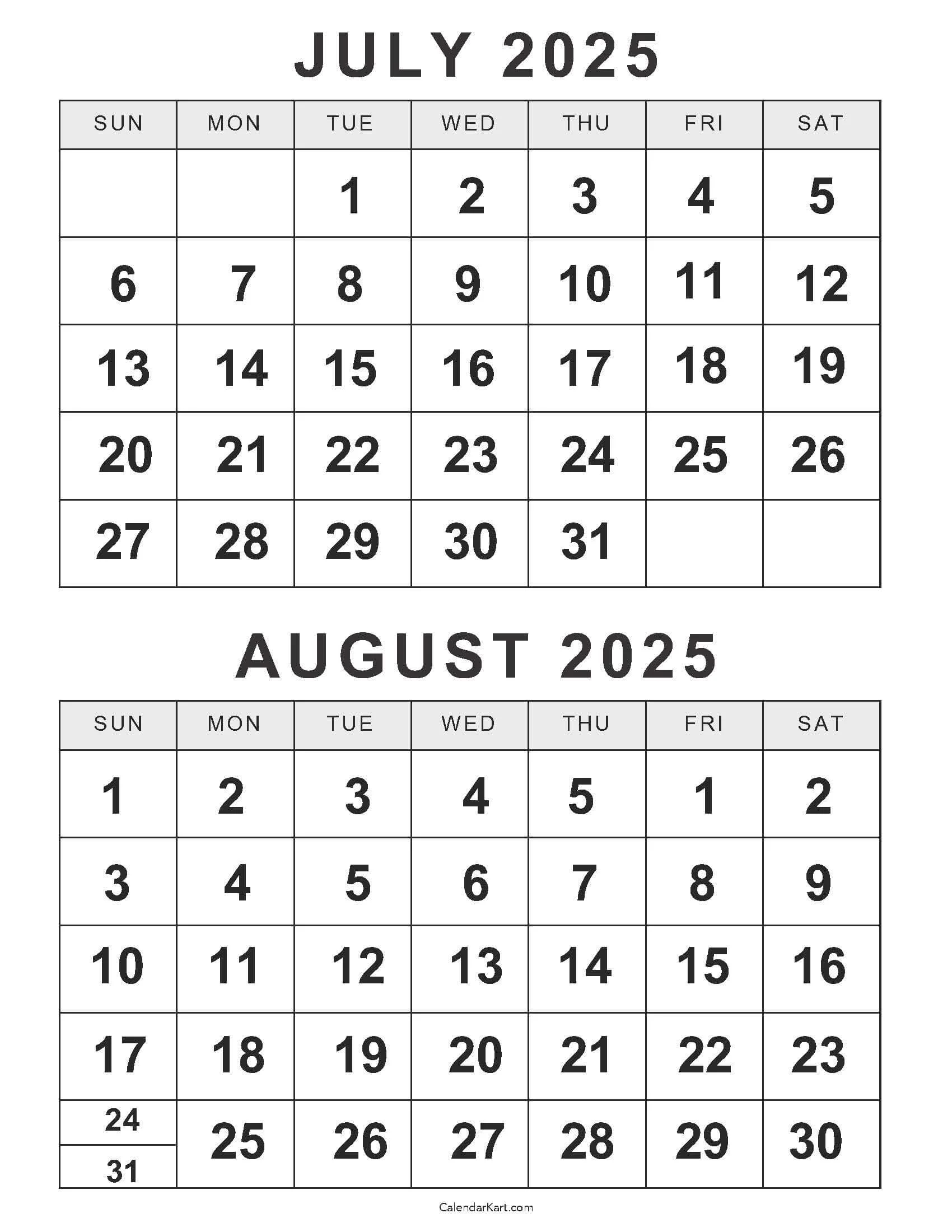 Free Printable July August 2025 Calendar Calendarkart