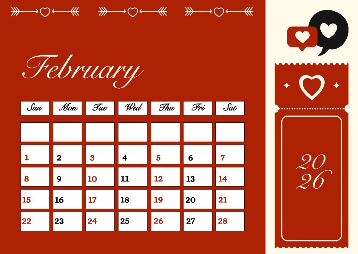Free Red February 2026 Calendar Template To Edit Online