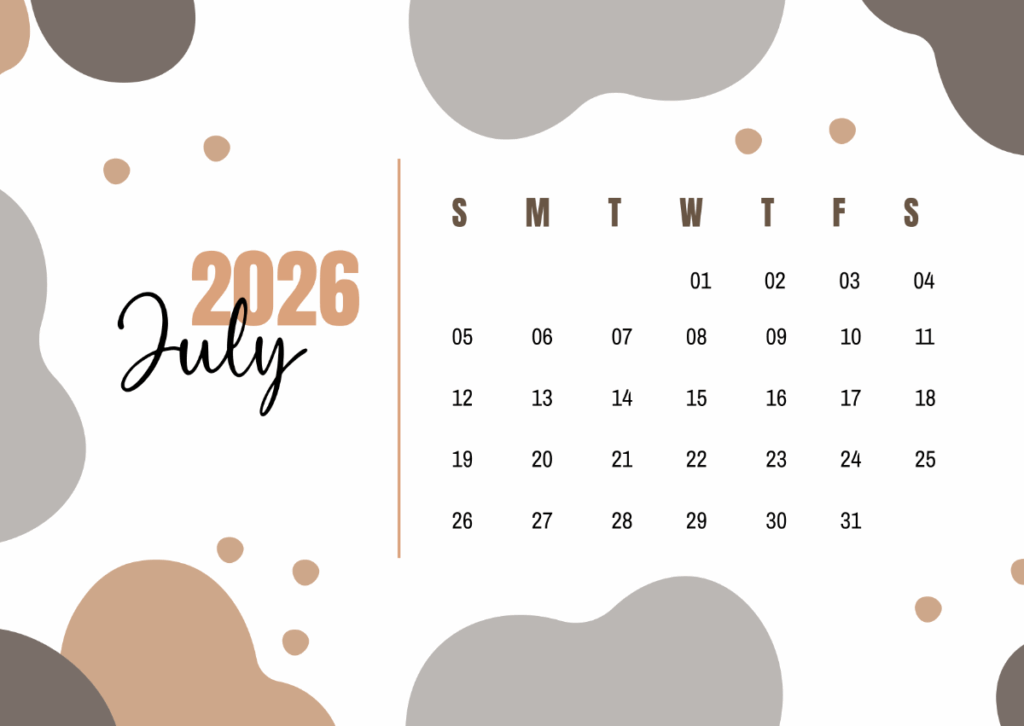 Free Simple Boho July 2026 Calendar Template To Edit Online