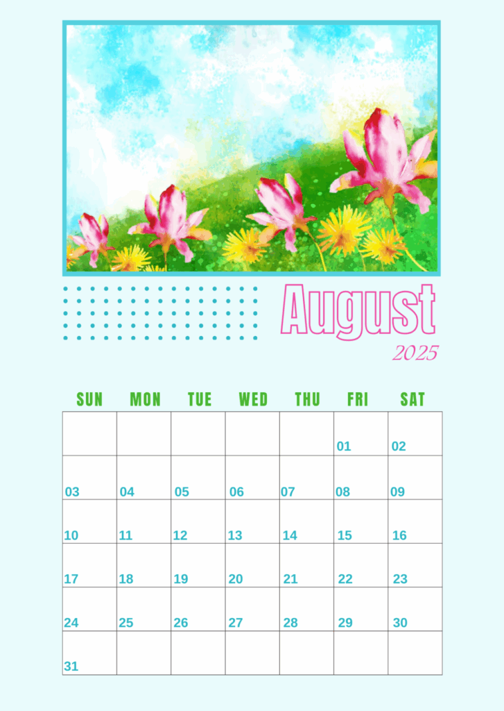 Free Watercolor Botanical August 2025 Calendar Template To Edit Online