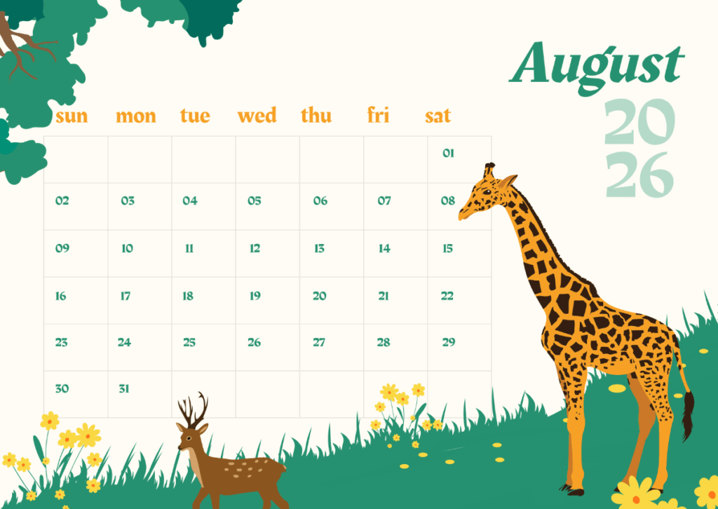 Free Wildlife August 2026 Calendar Template To Edit Online