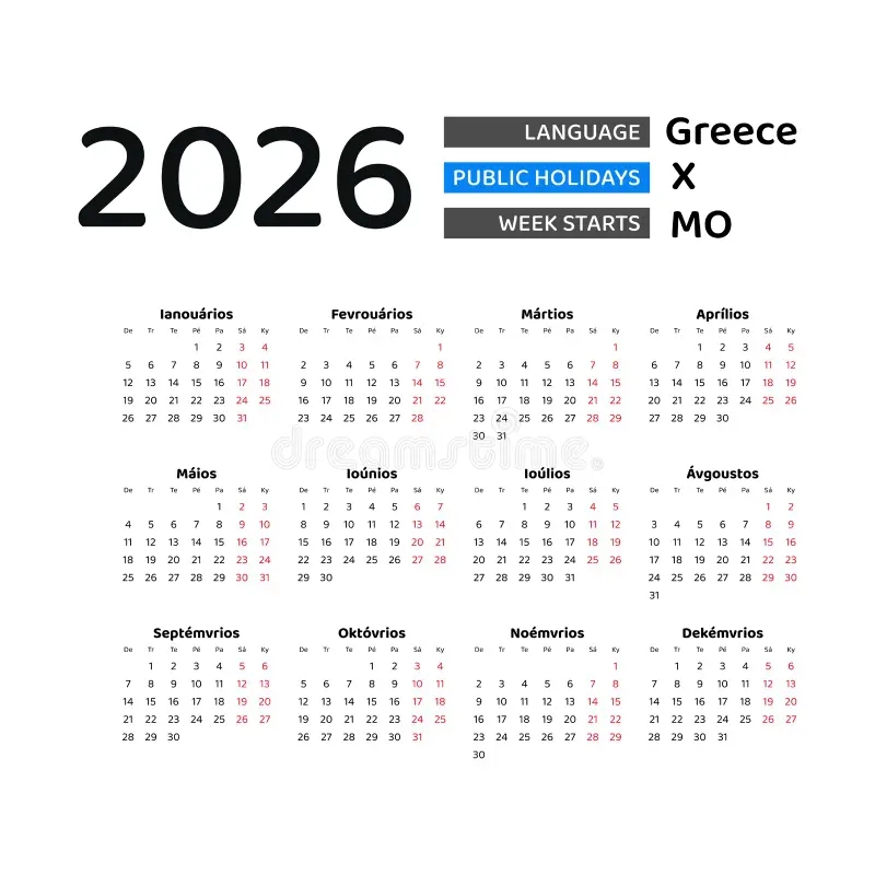 Greece Calendar 2026 Week Starts From Monday Vector Graphic Design Stock Vector Illustration Of Greek Business 264058355