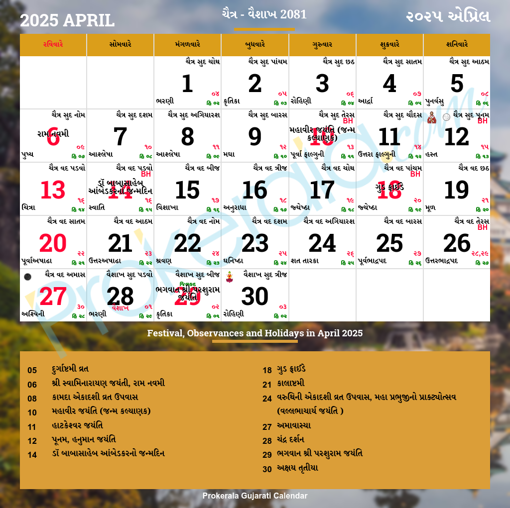 Gujarati Calendar April 2025 Vikram Samvat 2081 Chaitra Vaishakha