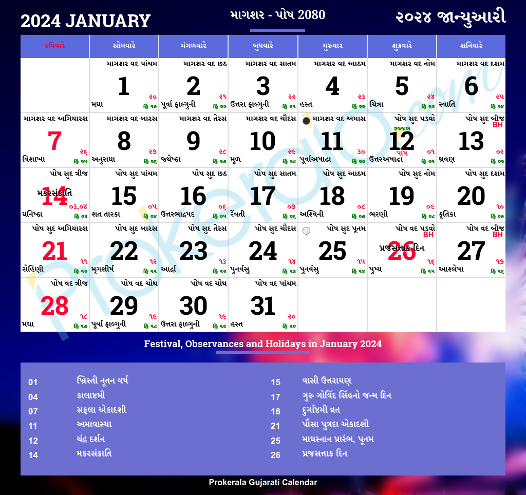January 2026 Gujarati Calendar