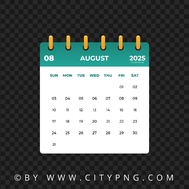 HD August 2025 Monthly Calendar Page Transparent PNG Citypng