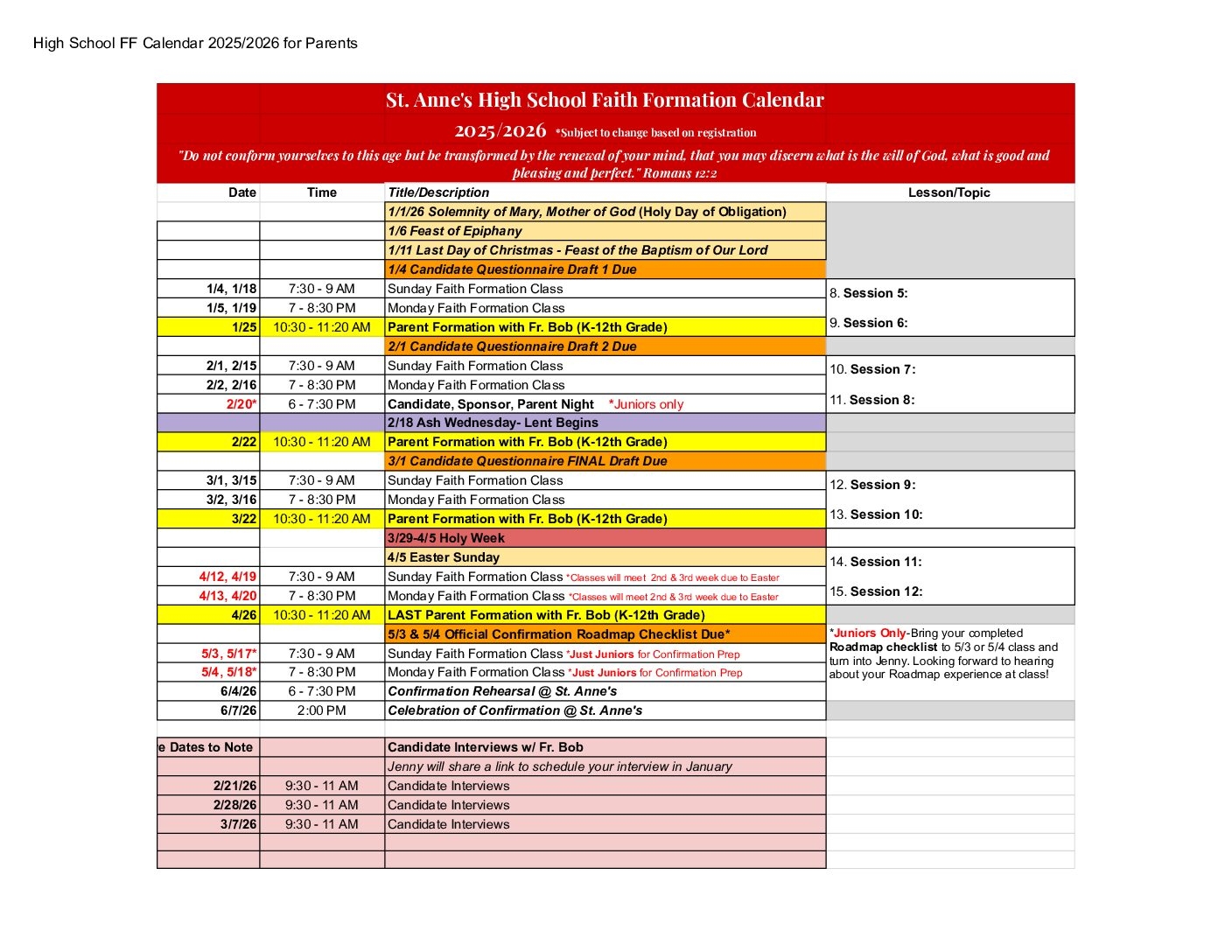 High School FF Calendar 2025 2026 For Parents January May 2026 St Anne Catholic Church