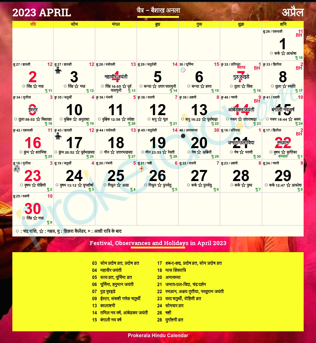 Hindu Calendar 2023 April