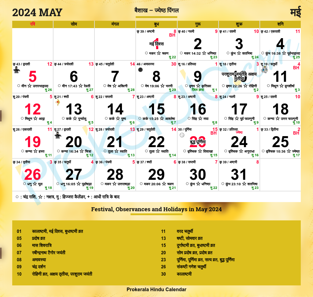 Hindu Calendar 2024 May