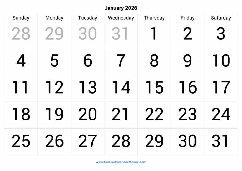 January 2026 Calendar Printable With Large Numbers Custom Calendar Maker