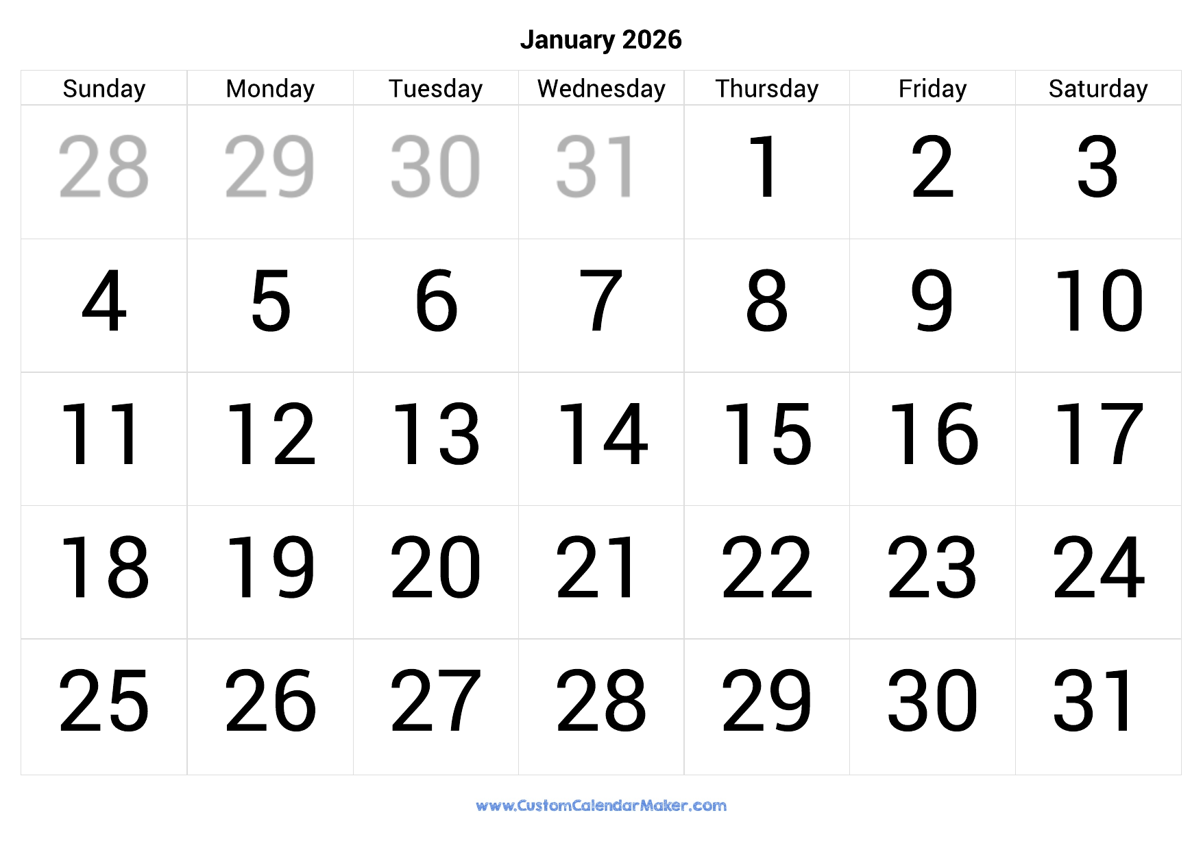 January 2026 Calendar Printable With Large Numbers Custom Calendar Maker