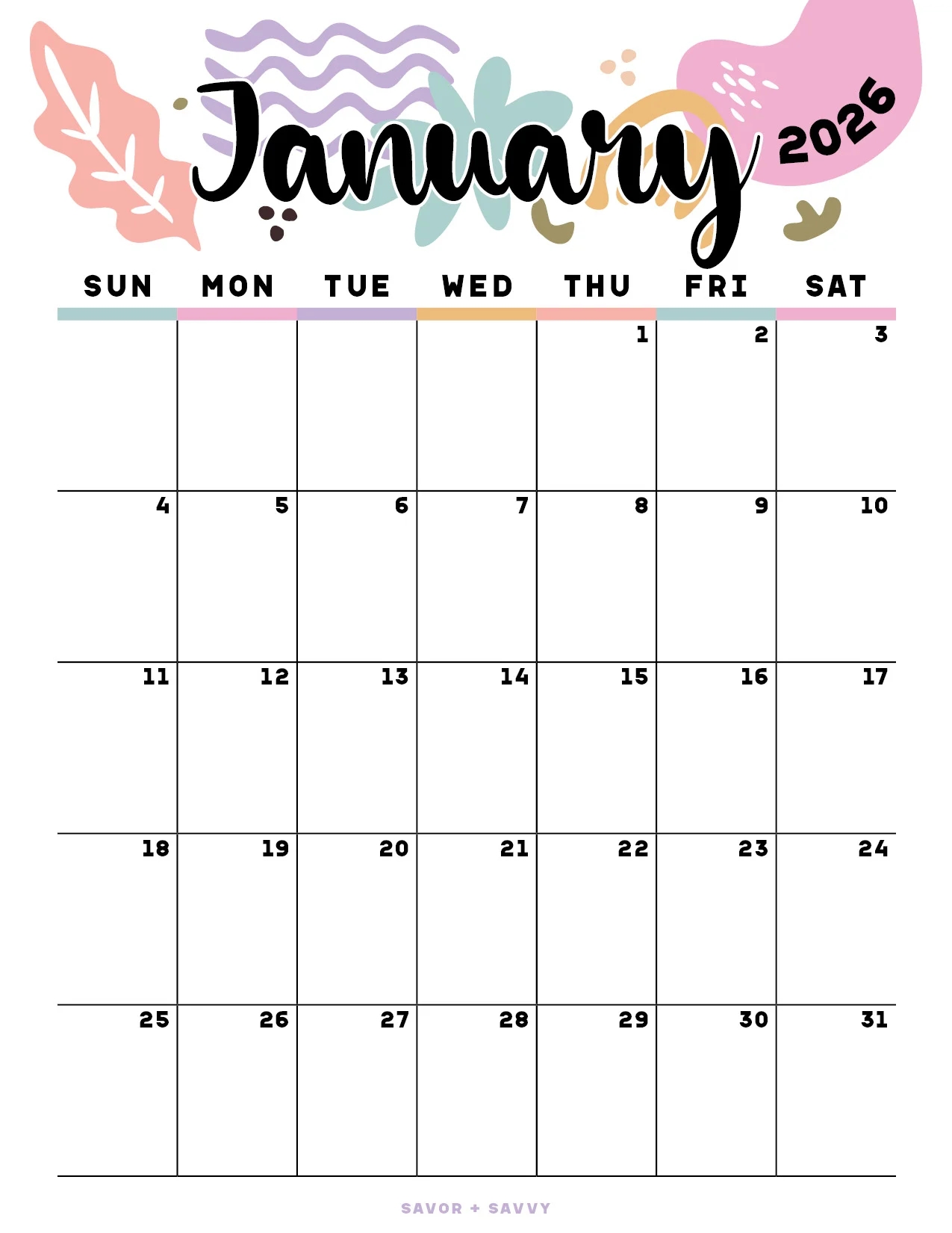 January 2026 Calendar Templates 14 Free Printables Savor Savvy