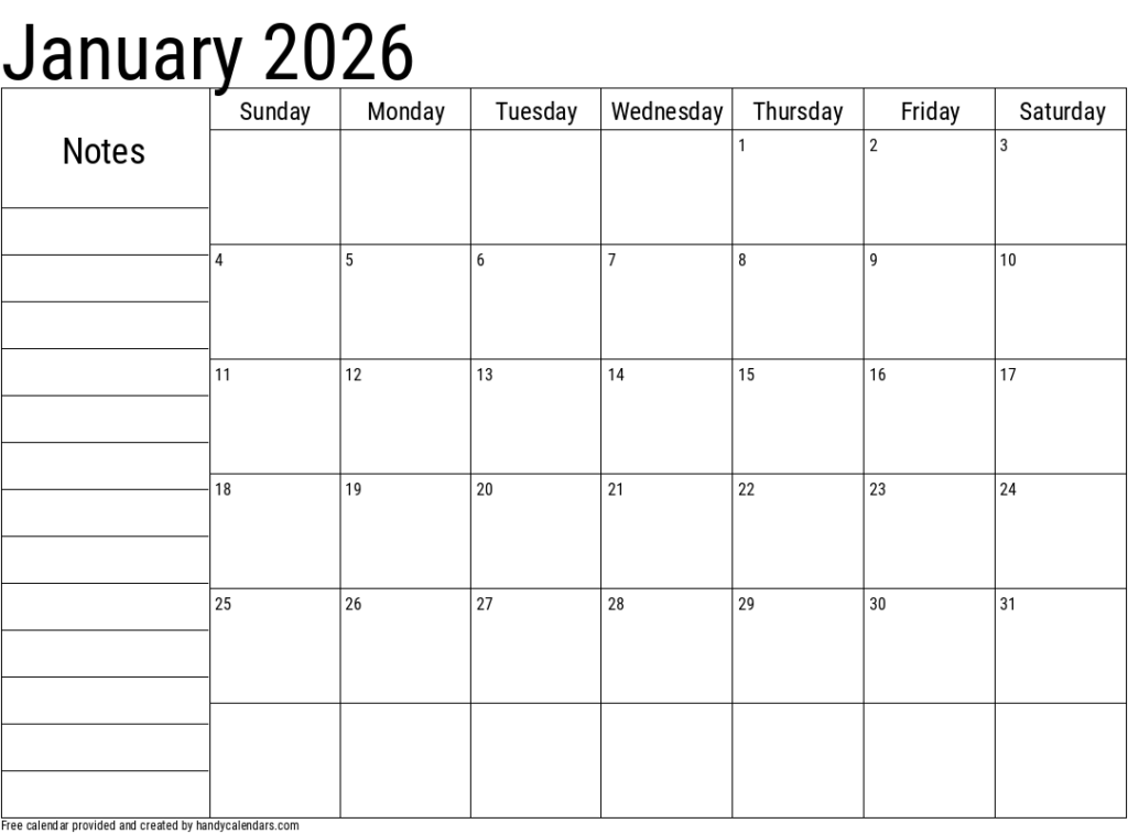 January 2026 Calendar With Notes Handy Calendars