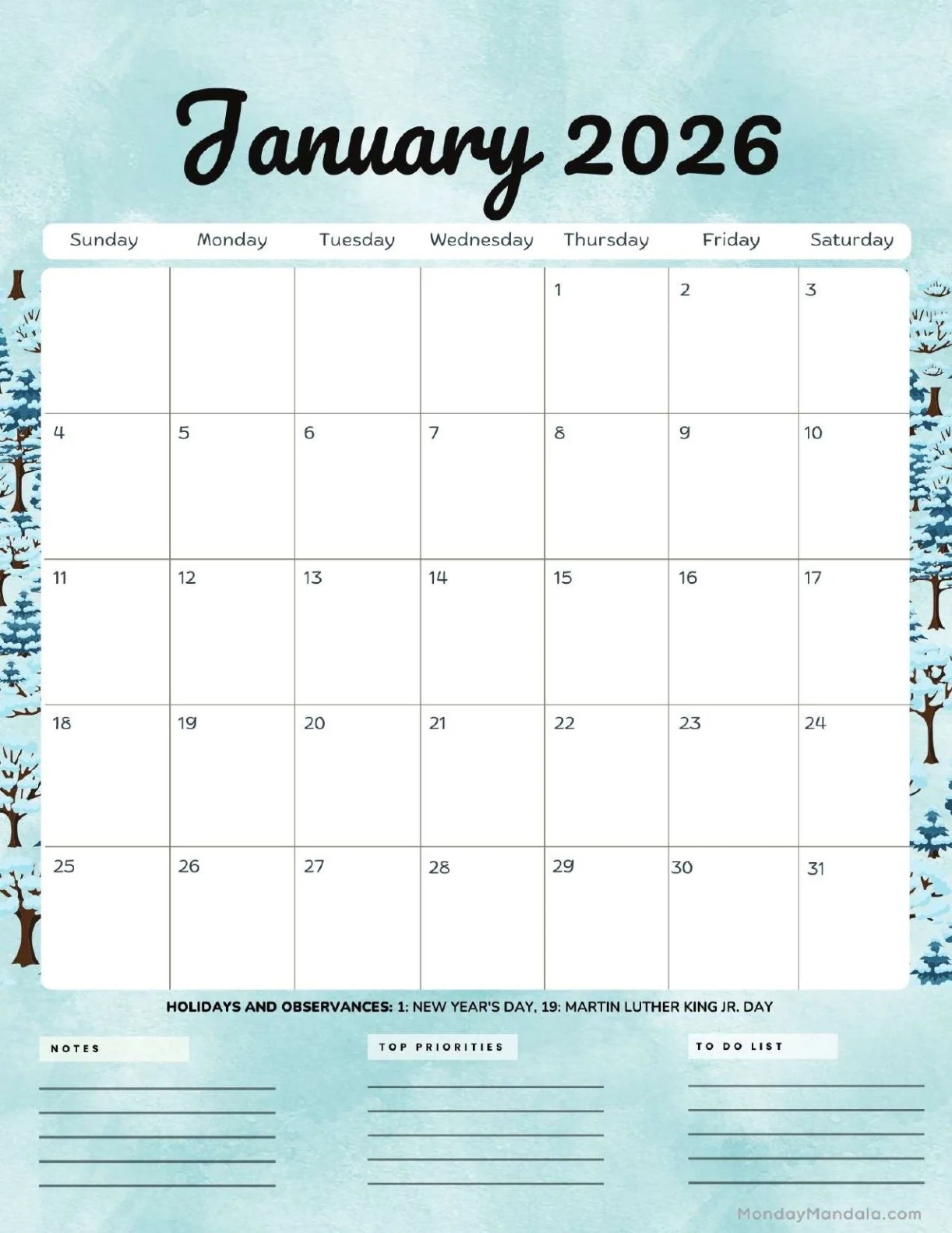 January 2026 Calendar Printout