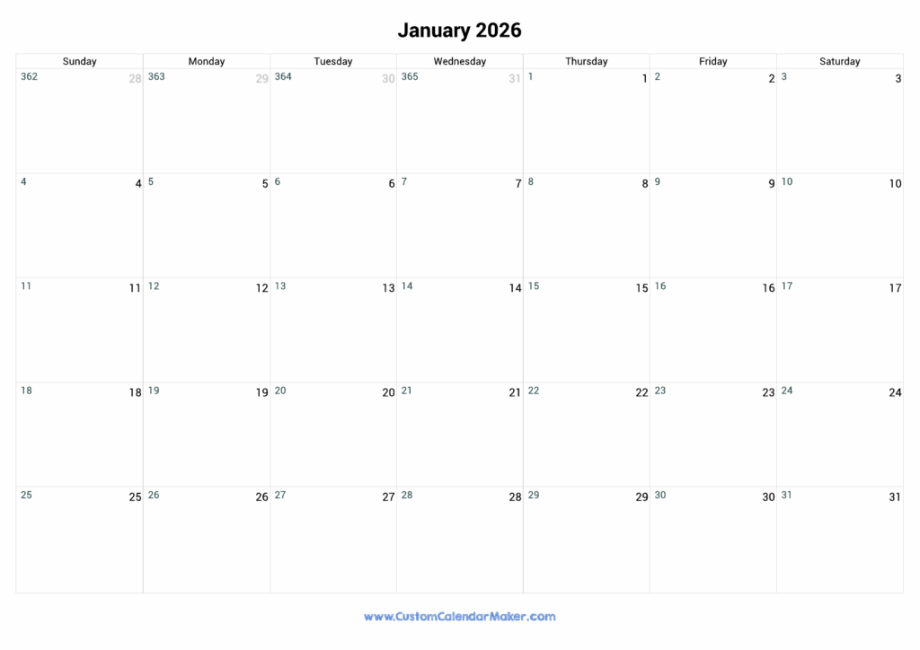 January 2026 Day Number Of The Year Calendar Custom Calendar Maker