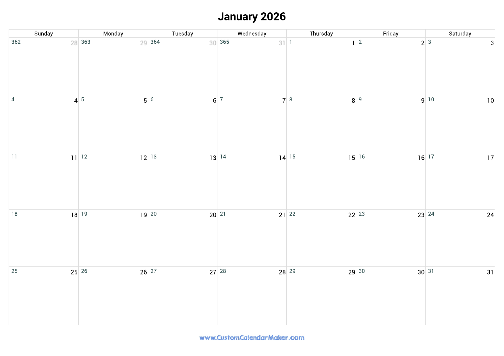 January 2026 Day Number Of The Year Calendar Custom Calendar Maker January 2026 Day Number Of The Year Calendar Custom Calendar Maker