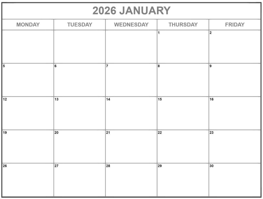 January 2026 Monday Calendar Monday To Sunday