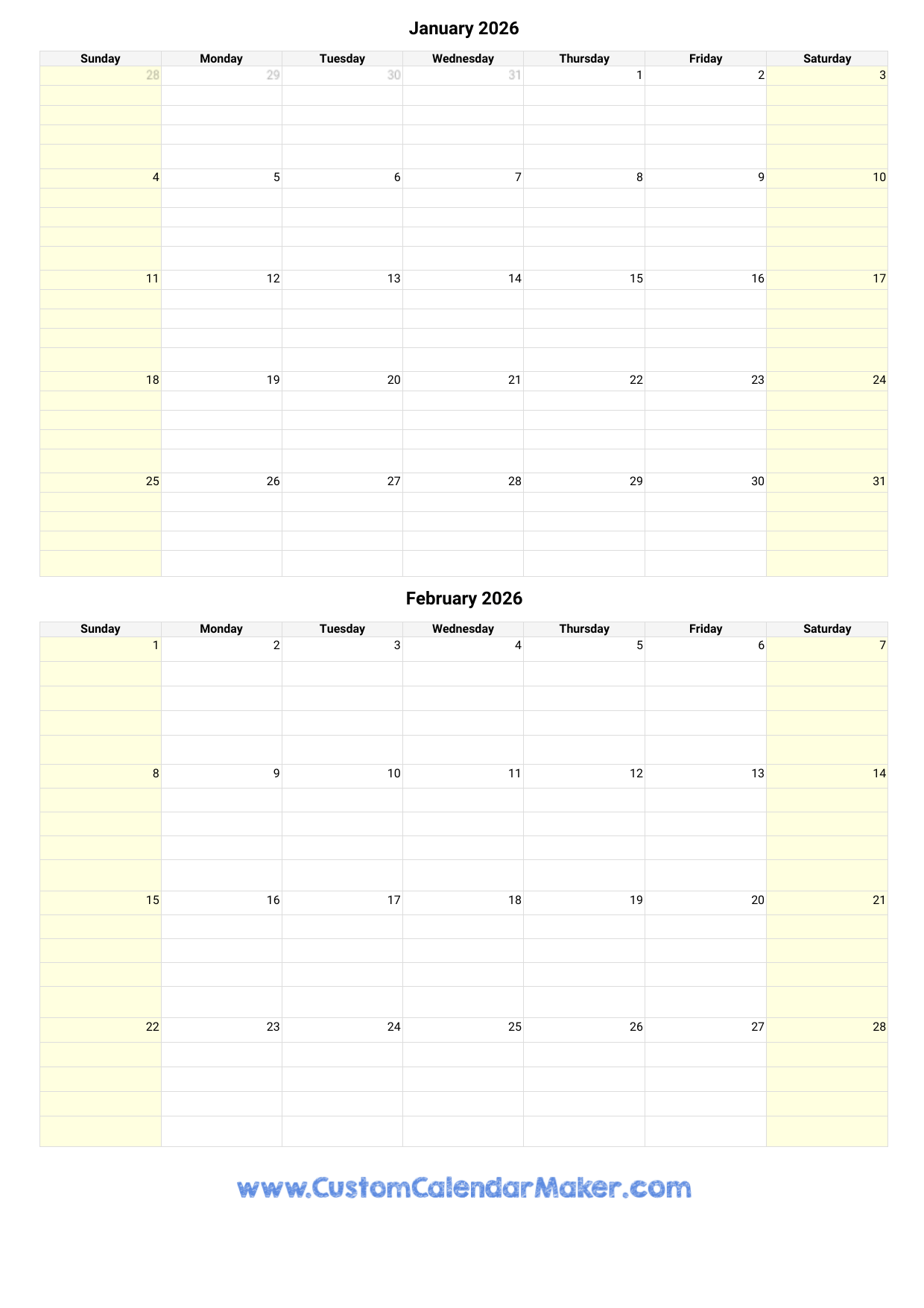 January And February 2026 Calendar Custom Calendar Maker