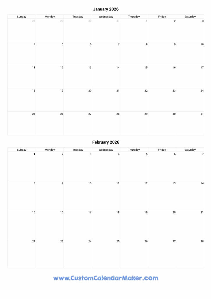 January And February 2026 Calendar Custom Calendar Maker